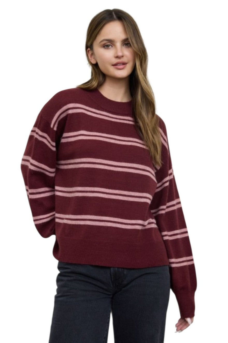 Burgundy & Pink Stripe Drop Sleeve Crew Neck Pullover Sweater