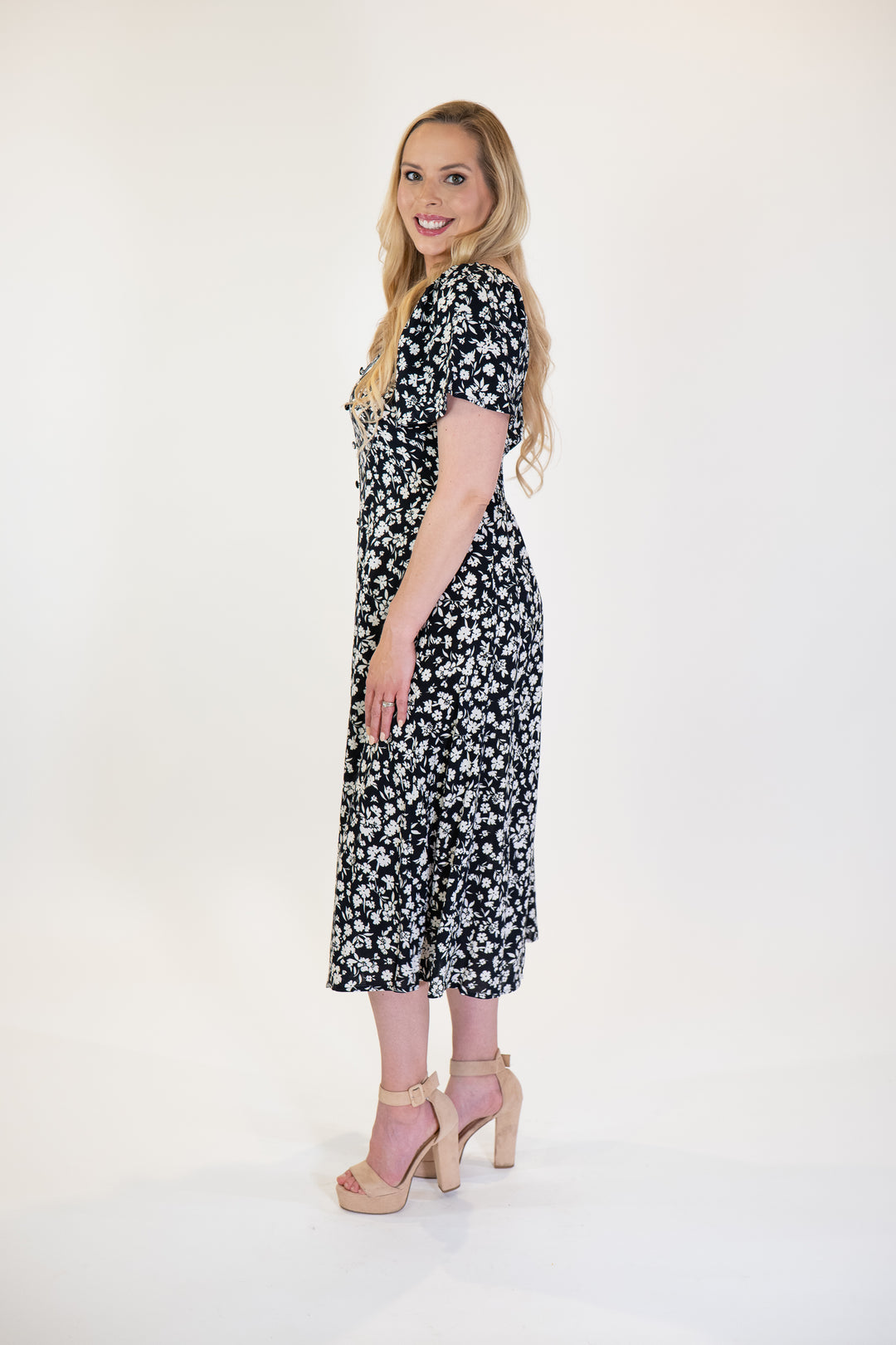 Black & White Floral Flutter Sleeve Midi Dress