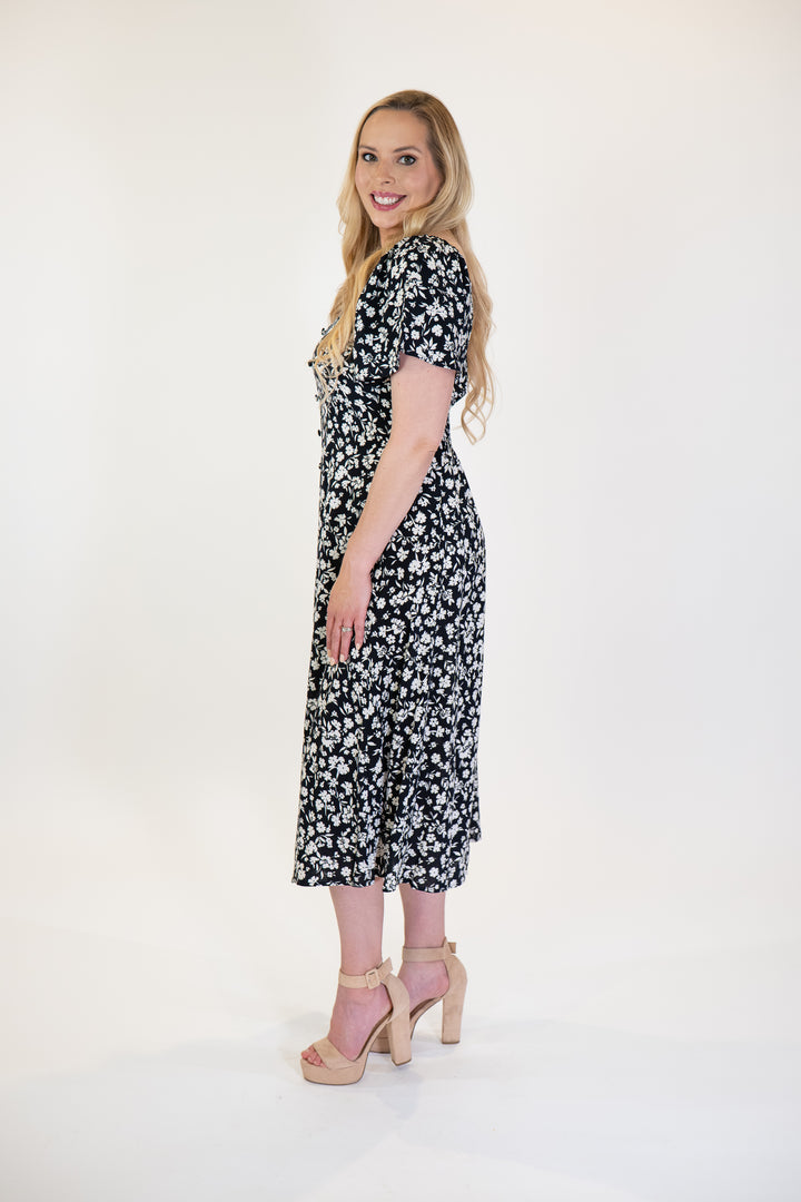 Black & White Floral Flutter Sleeve Midi Dress