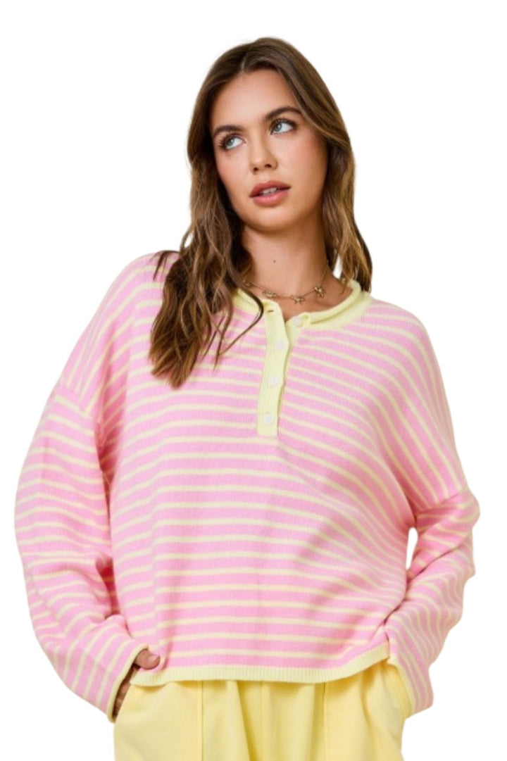 Pink Lemononade Striped Henley Long Sleeve Top