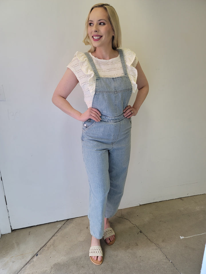 Light Washed Denim Button Strap Overalls