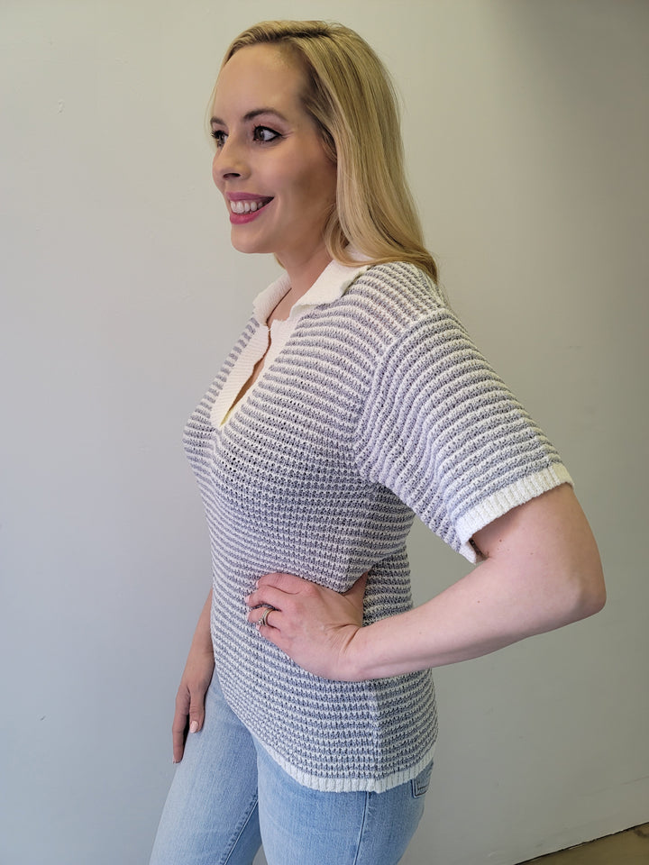 Dusty Blue Striped Boucle Lightweight Collared Polo Top Sweater