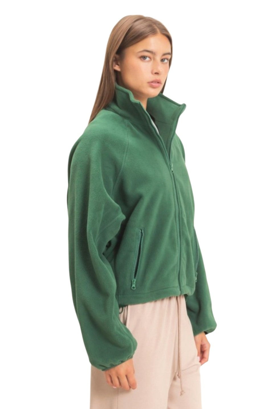 Green High Neck Fleece Zip Jacket