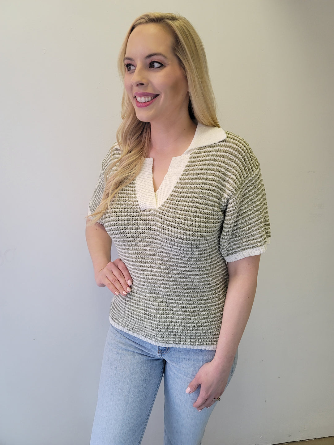 Sage Green Striped Boucle Lightweight Collared Polo Top Sweater