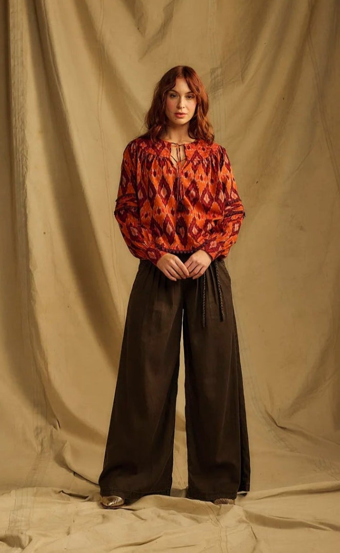 One Collective Spice Diamond Print Averno Quilted Yoke Blouse Top