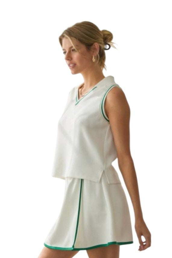 White & Green Stripe Trim Soft Modal Collared Active Tank Top
