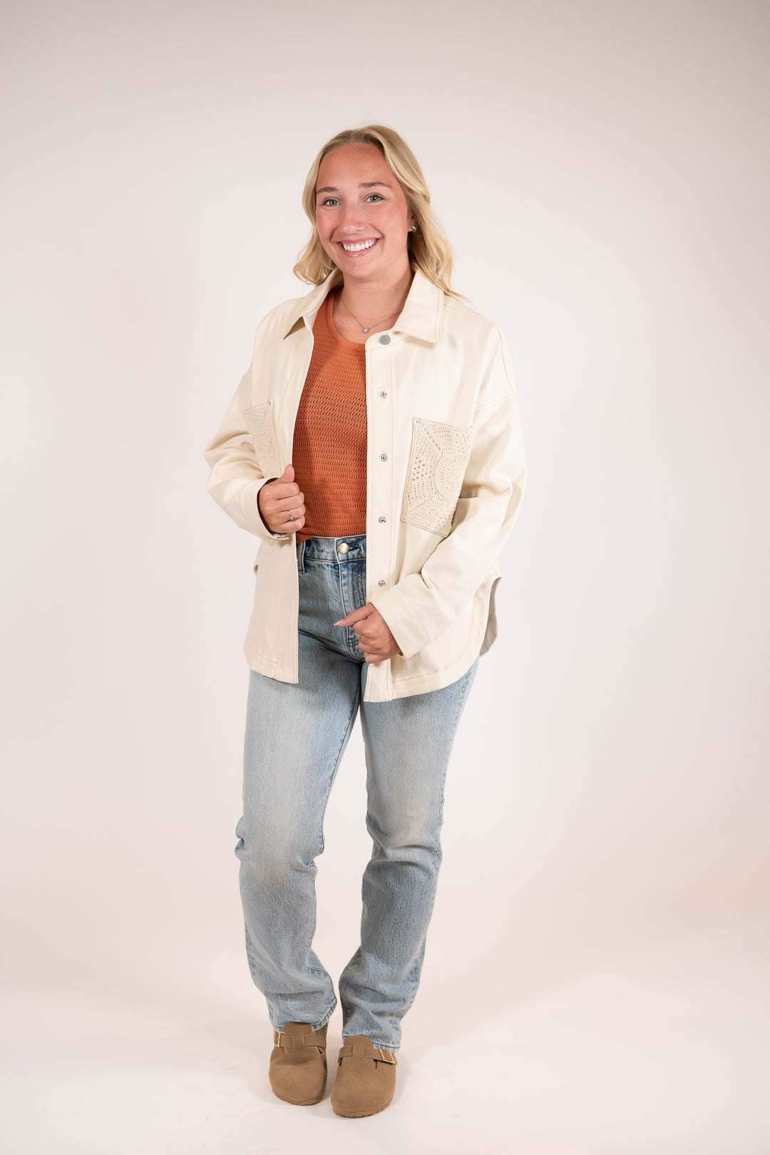 Sadie & Sage Cream Clear Eyes Crochet Pocket Shacket