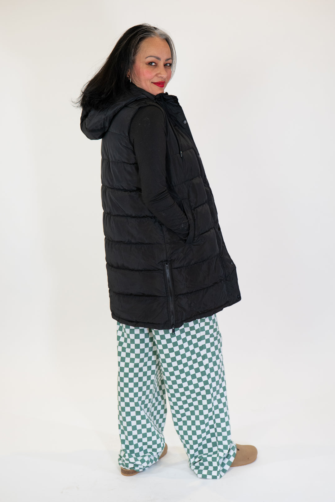 Black Zip-Up Long Puffer Vest
