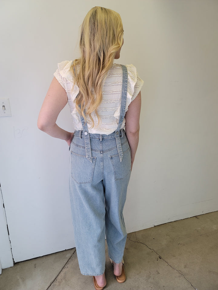 Light Washed Denim Button Strap Overalls