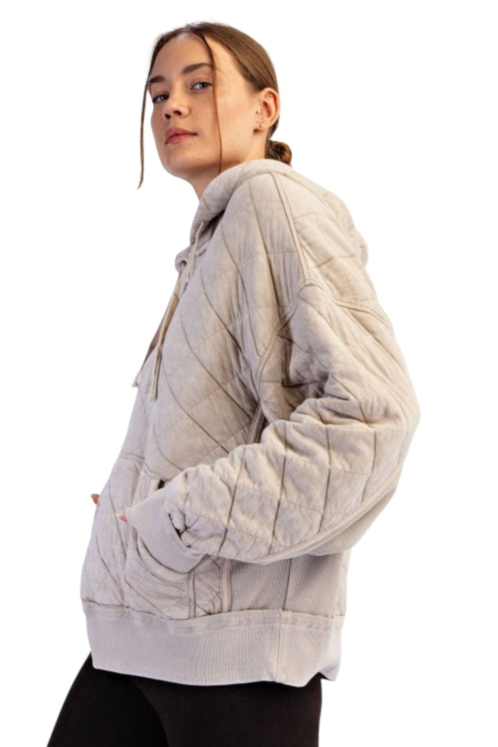 Beige Quilted Mineral Wash Quarter Zip Hoodie