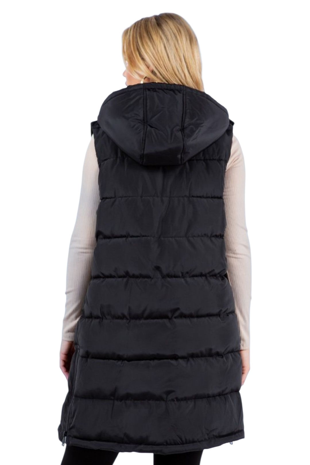 Black Zip-Up Long Puffer Vest
