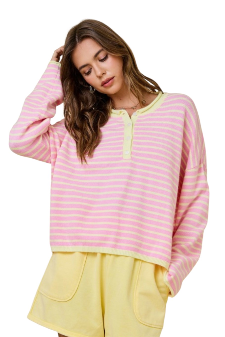 Pink Lemononade Striped Henley Long Sleeve Top