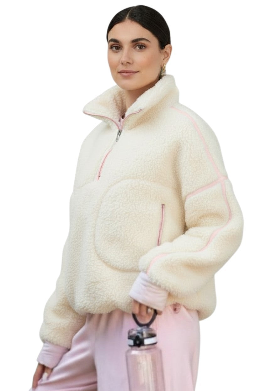 Ivory & Dusty Pink Pullover Quarter Zip Sherpa