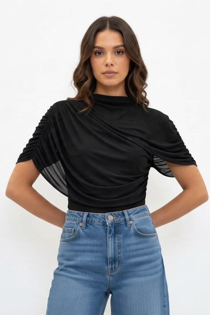 Black Assymetric Mesh Cape Ruched Sleeveless Mockneck Top