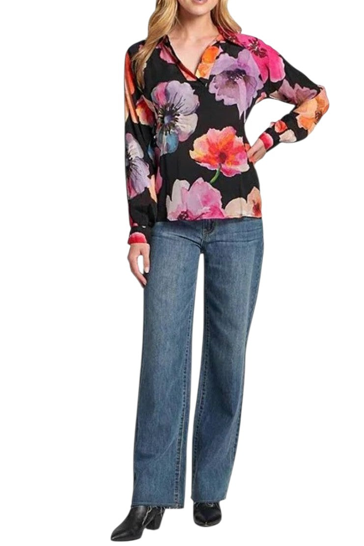 APNY Bright Pink Bold Floral Half Placket Pullover Blouse