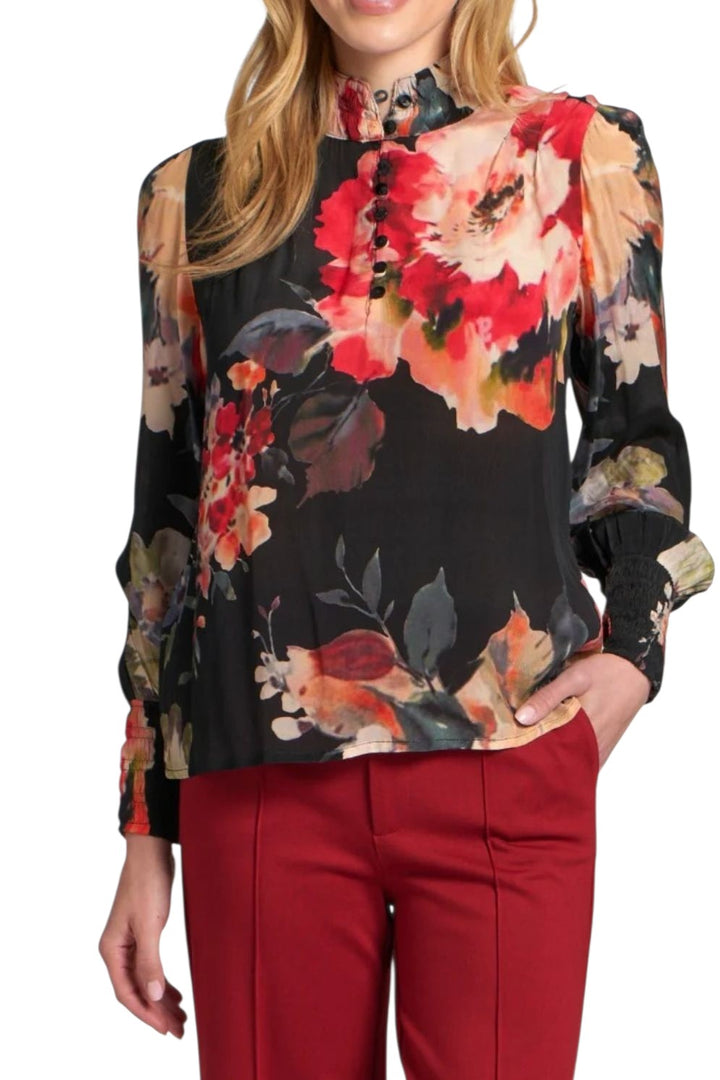 APNY Black Red Roses Puff Sleeve Blouse
