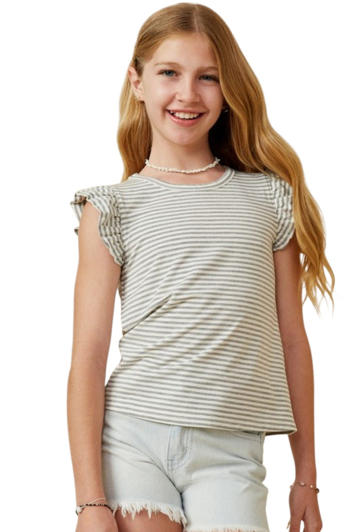 Girls Grey & White Stripe Flutter Sleeve Knit Top