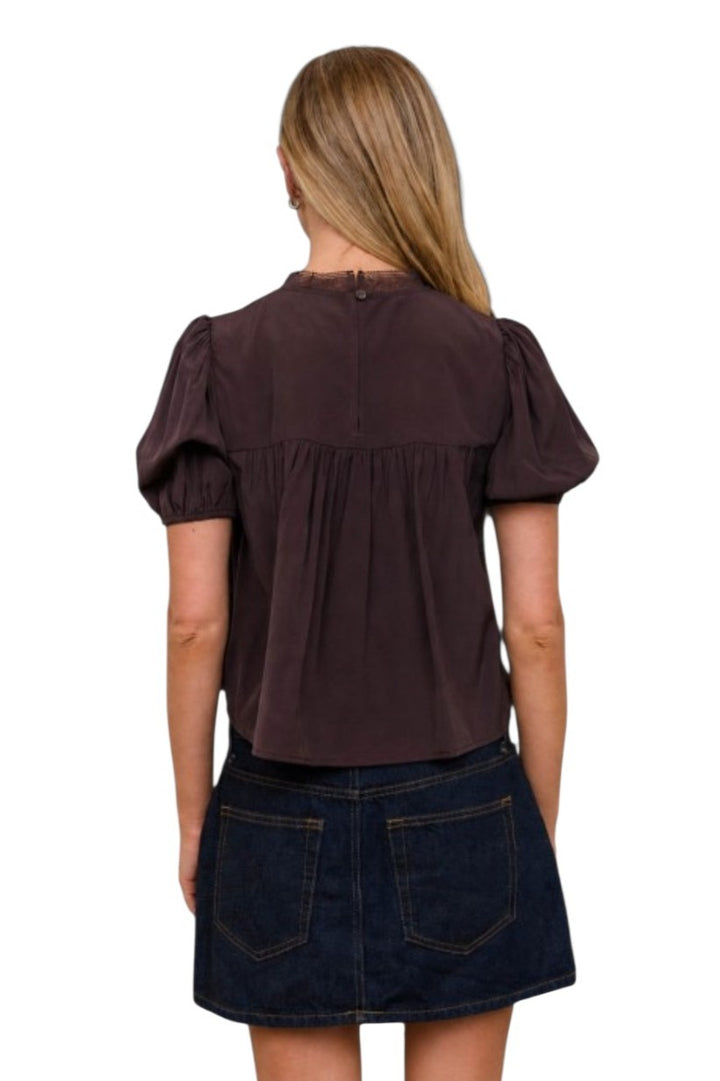 Brown Lace Trim Puff Sleeve Cropped Silky Top