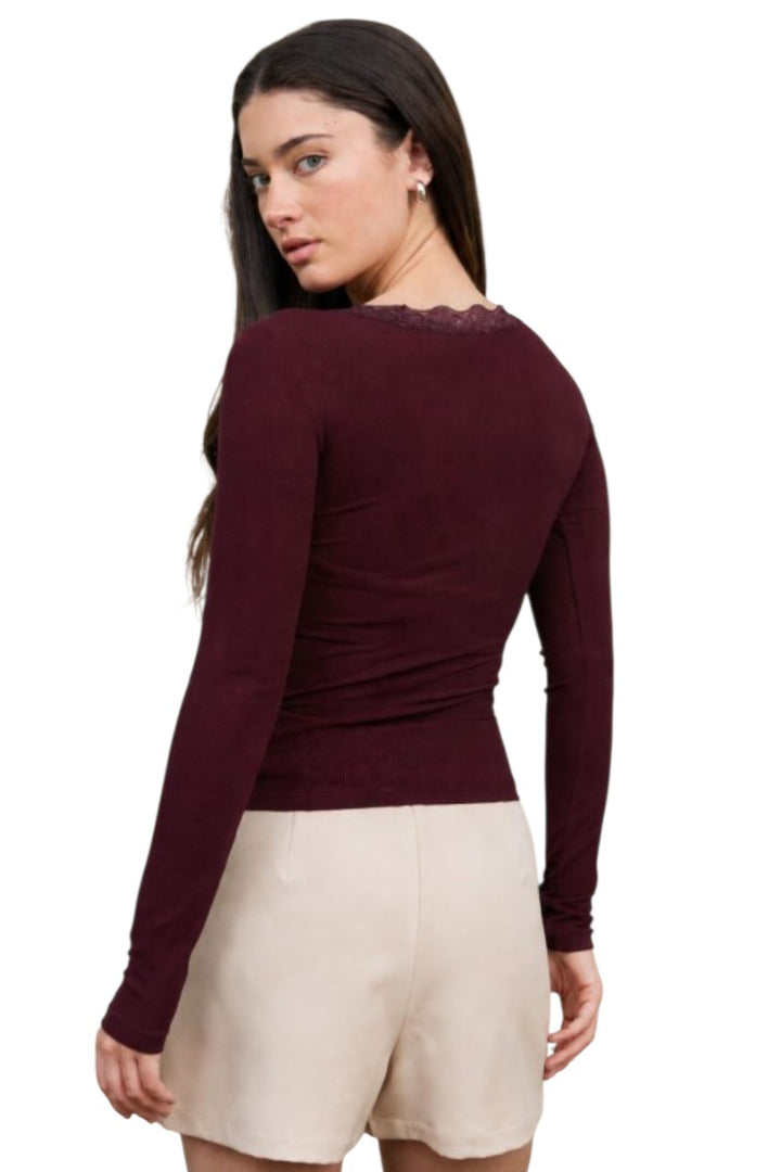 Oxblood V Neck Lace Trim Long Sleeve Knit Top