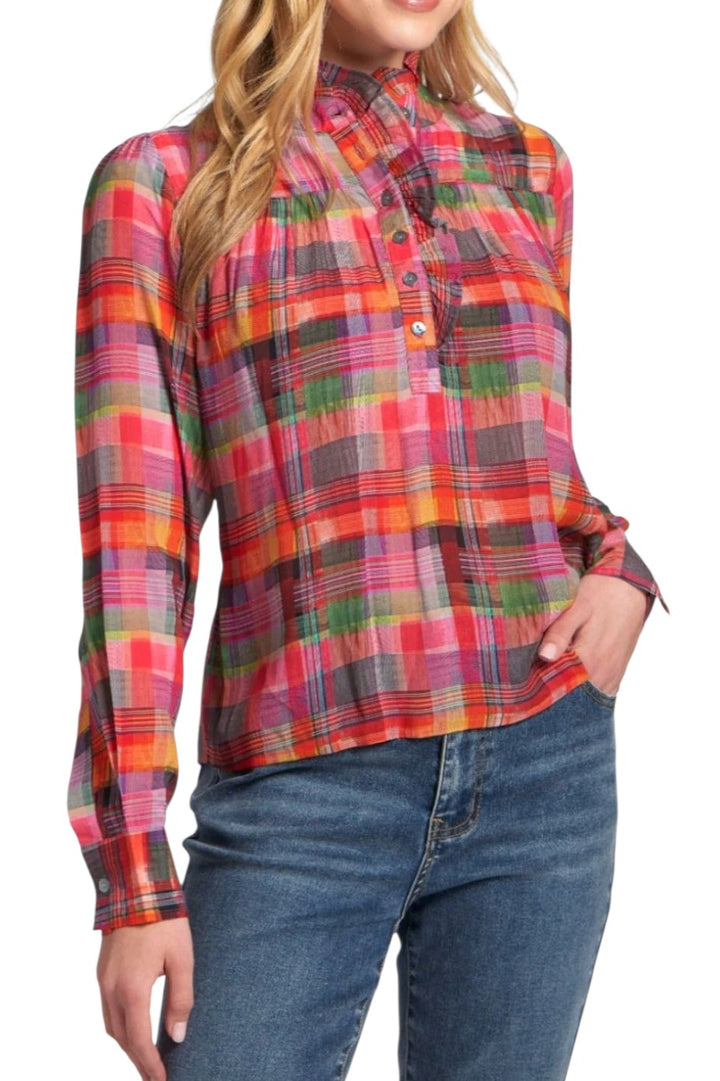 APNY Pink Multi Plaid Ruffle Top Shirt
