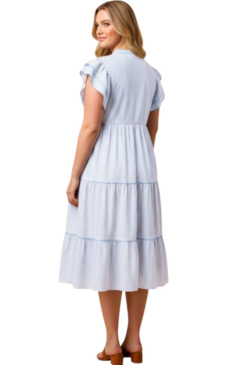 Blue Pinstripe Piped Double Ruffle Trim Midi Dress