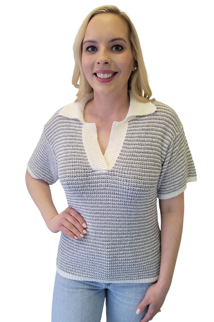 Dusty Blue Striped Boucle Lightweight Collared Polo Top Sweater