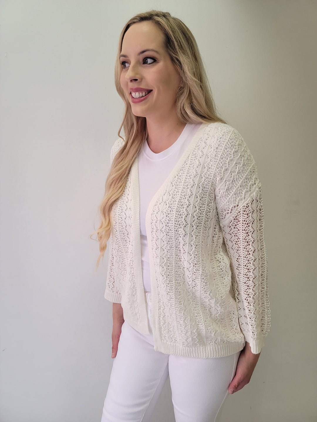 White Hollow Out Knit Drop Shoulder Cardigan