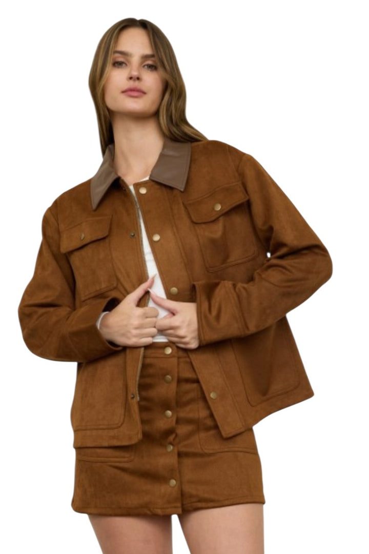 Cognac Suede Faux Leather Collar Snap Skirt