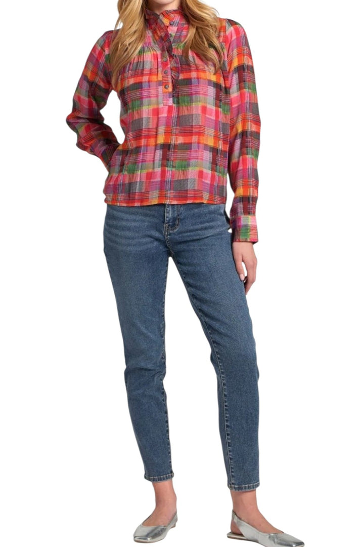 APNY Pink Multi Plaid Ruffle Top Shirt