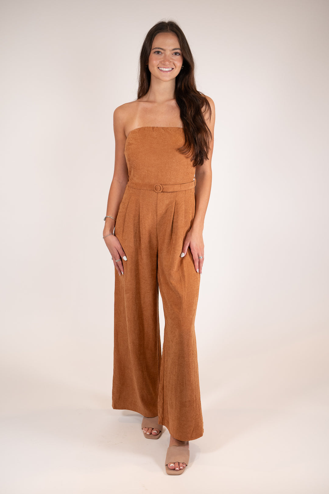 Sadie & Sage Rusty Brown Sundown Tube Top Belted Jumpsuit