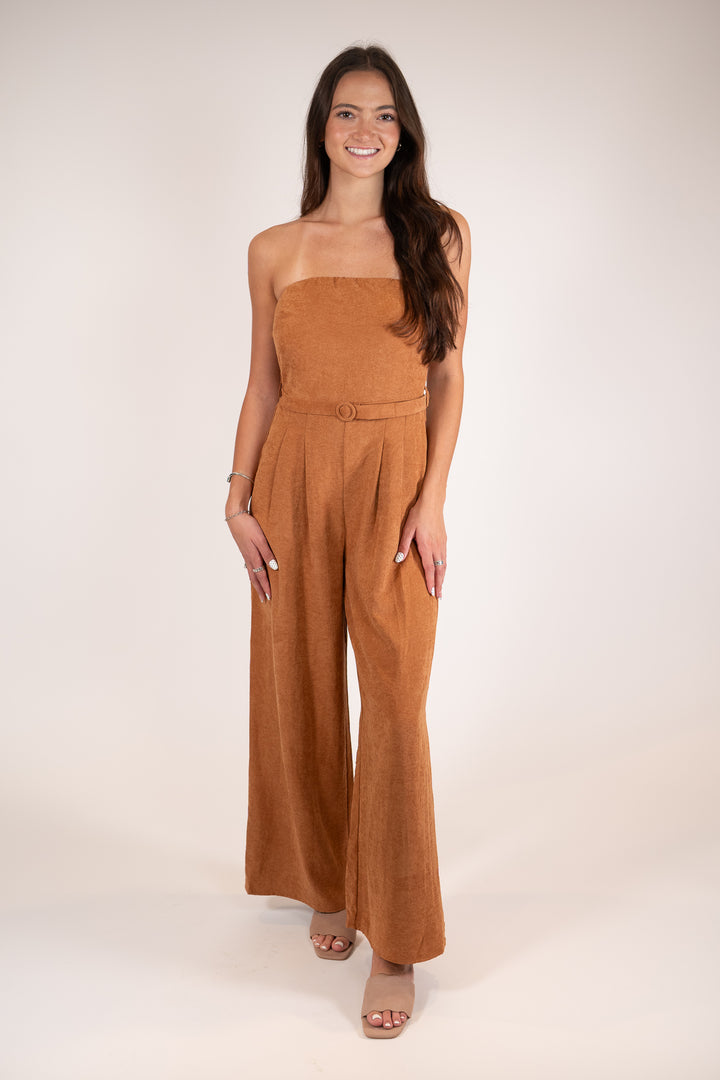 Sadie & Sage Rusty Brown Sundown Tube Top Belted Jumpsuit