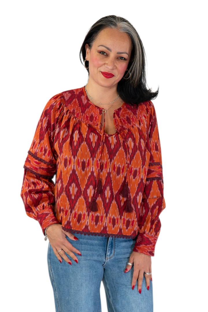 One Collective Spice Diamond Print Averno Quilted Yoke Blouse Top