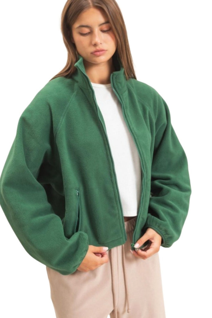 Green High Neck Fleece Zip Jacket