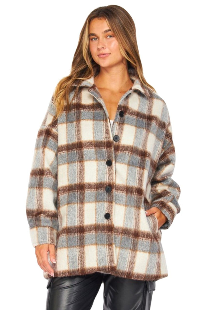 Brown & Grey Plaid Button Down Shacket