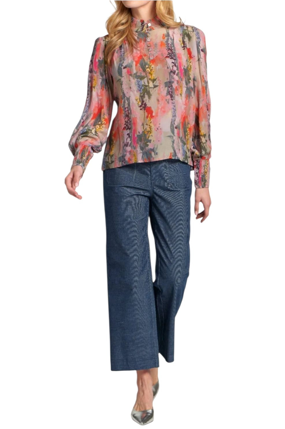 APNY Pink Watercolor Floral Puff Sleeve Blouse