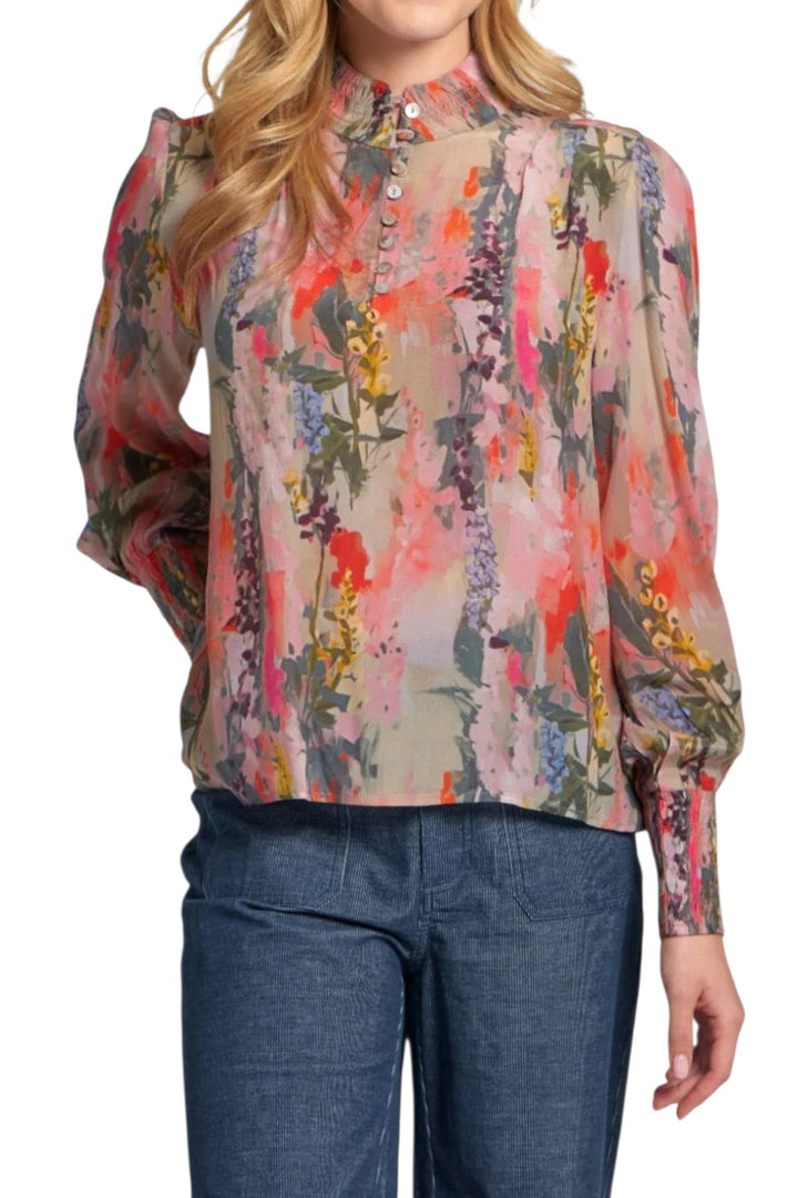 APNY Pink Watercolor Floral Puff Sleeve Blouse