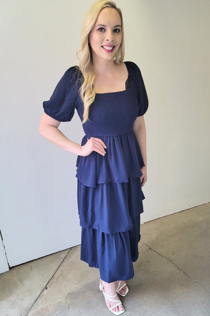 Navy Square Neck Ruffled Tier Midi Dress