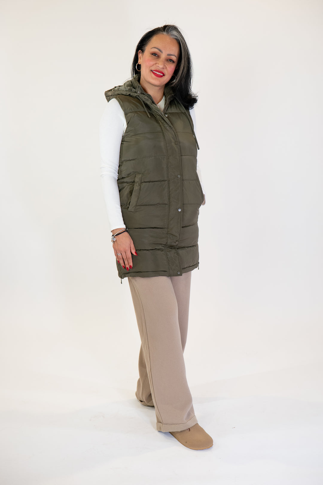 Olive Zip-Up Long Puffer Vest