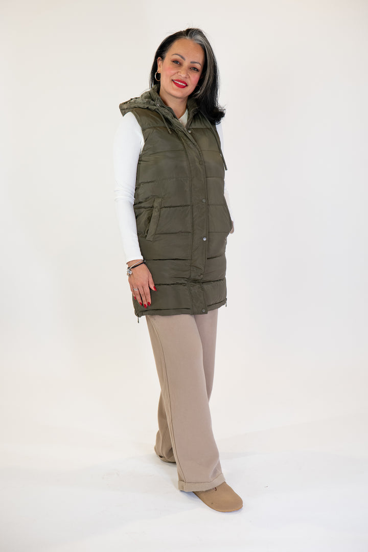 Olive Zip-Up Long Puffer Vest
