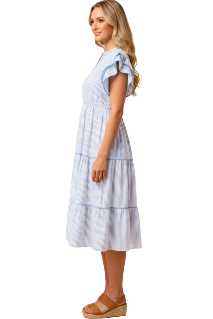 Blue Pinstripe Piped Double Ruffle Trim Midi Dress