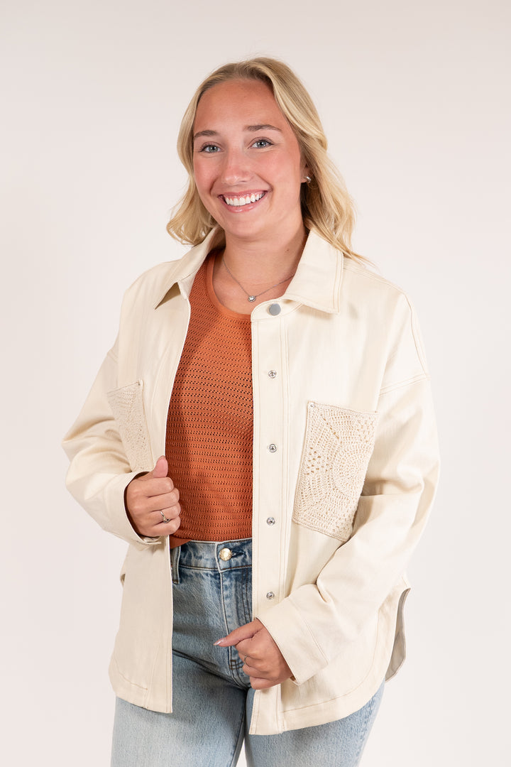 Sadie & Sage Cream Clear Eyes Crochet Pocket Shacket