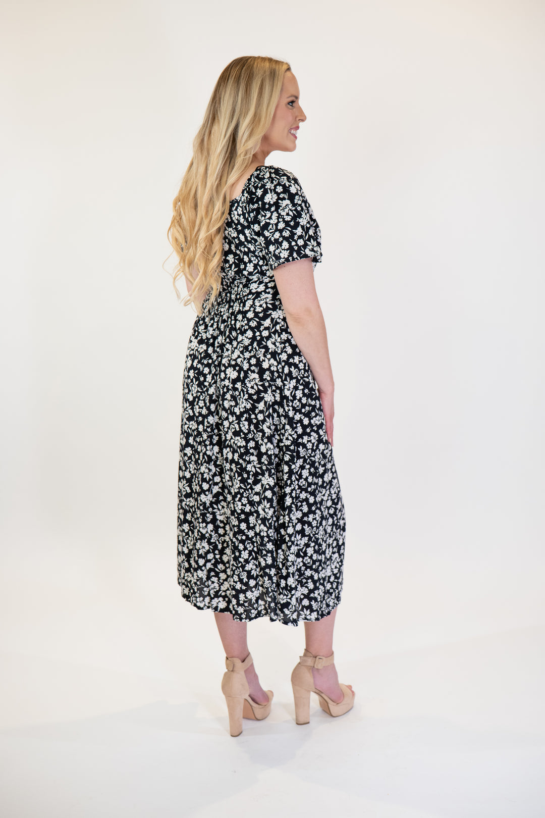 Black & White Floral Flutter Sleeve Midi Dress