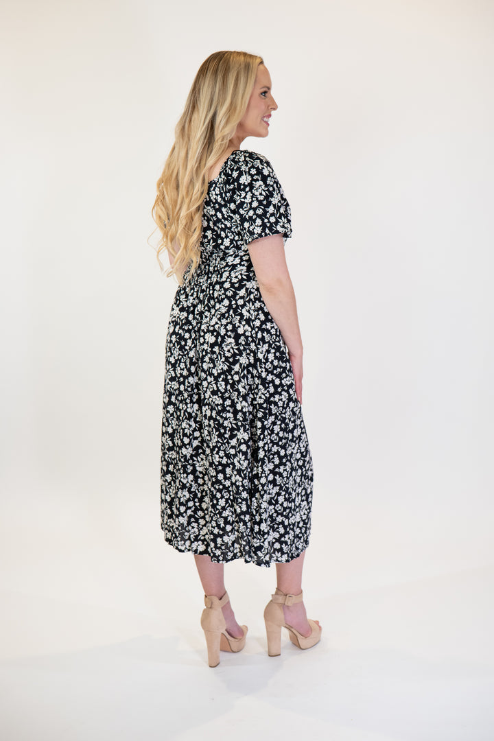 Black & White Floral Flutter Sleeve Midi Dress