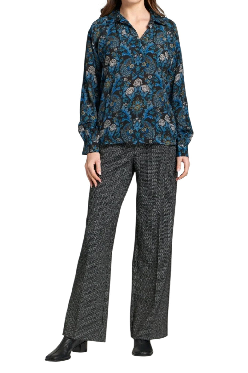 APNY Wine Blue Multi Half Placket Pullover Blouse