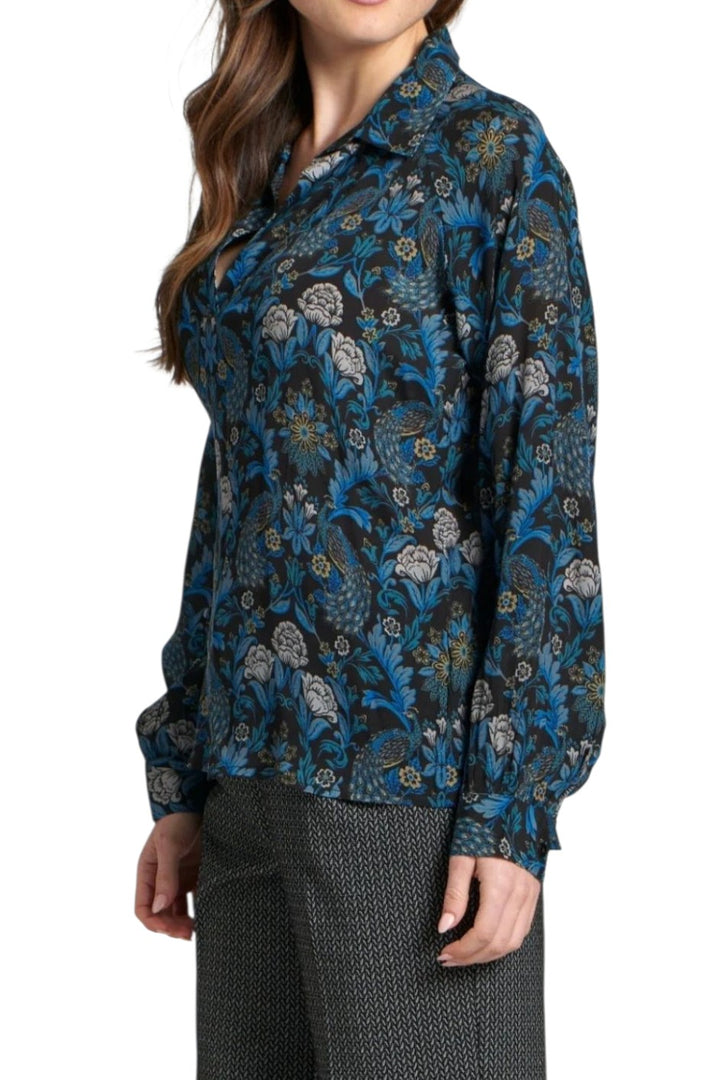 APNY Wine Blue Multi Half Placket Pullover Blouse
