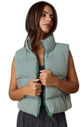 Green & White Gingham Crop Puffer Vest