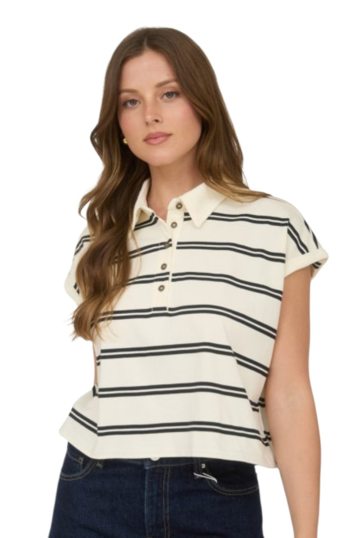 Cream Stripe Collared Short Sleeve Boxy Knit Top