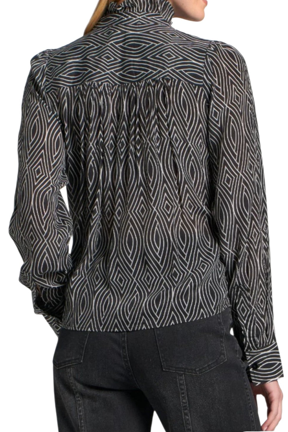 APNY Black& White Geometric Ruffle Half Placket Blouse
