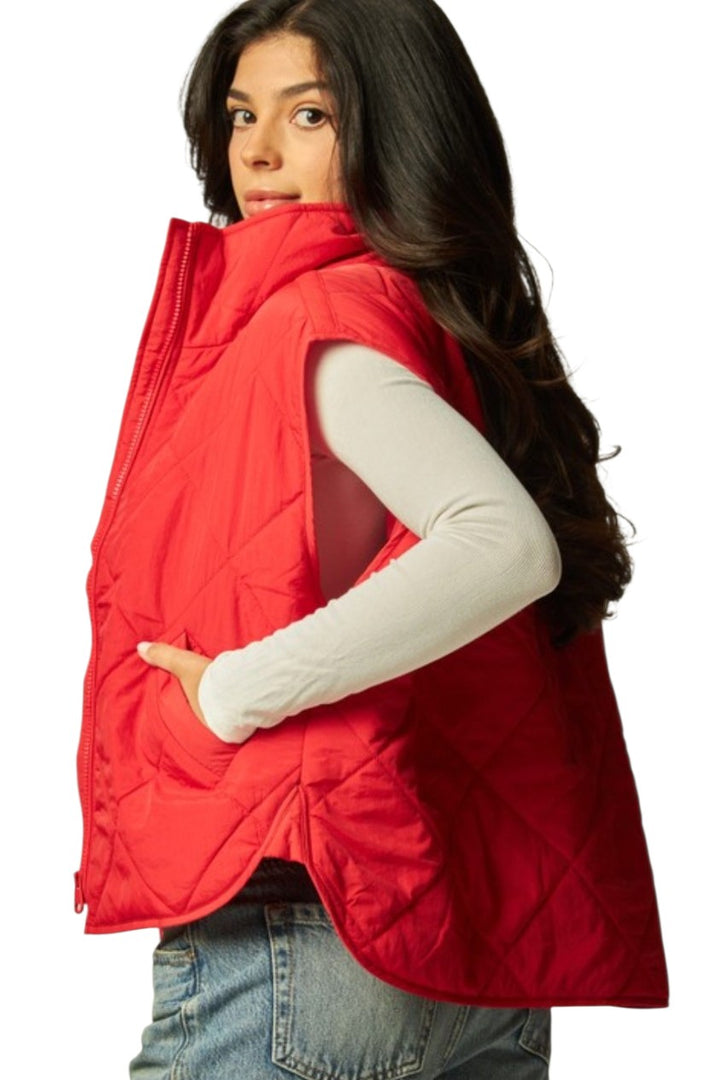 Poppy Red Boxy Quilted Puffer Vest