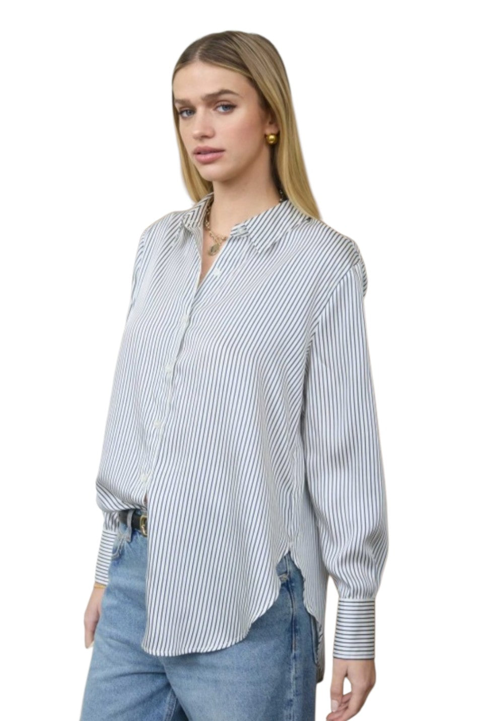 Navy Blue Pinstripe Collared Button Down Long Sleeve Shirt